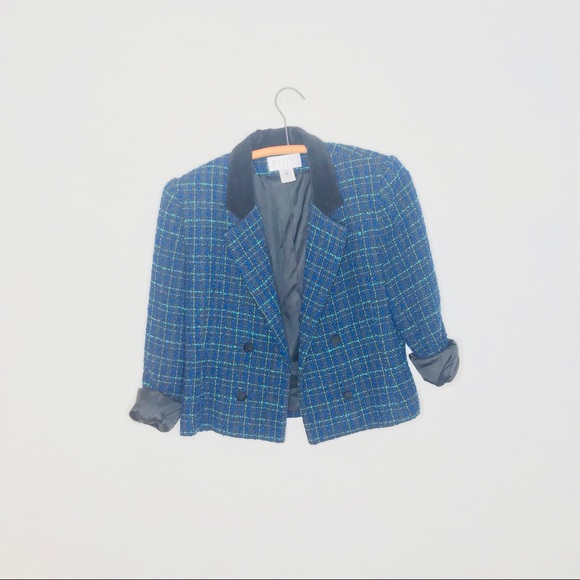 Vintage Retro Plaid Tartan Cropped Velvet Blazer - Picture 6 of 6